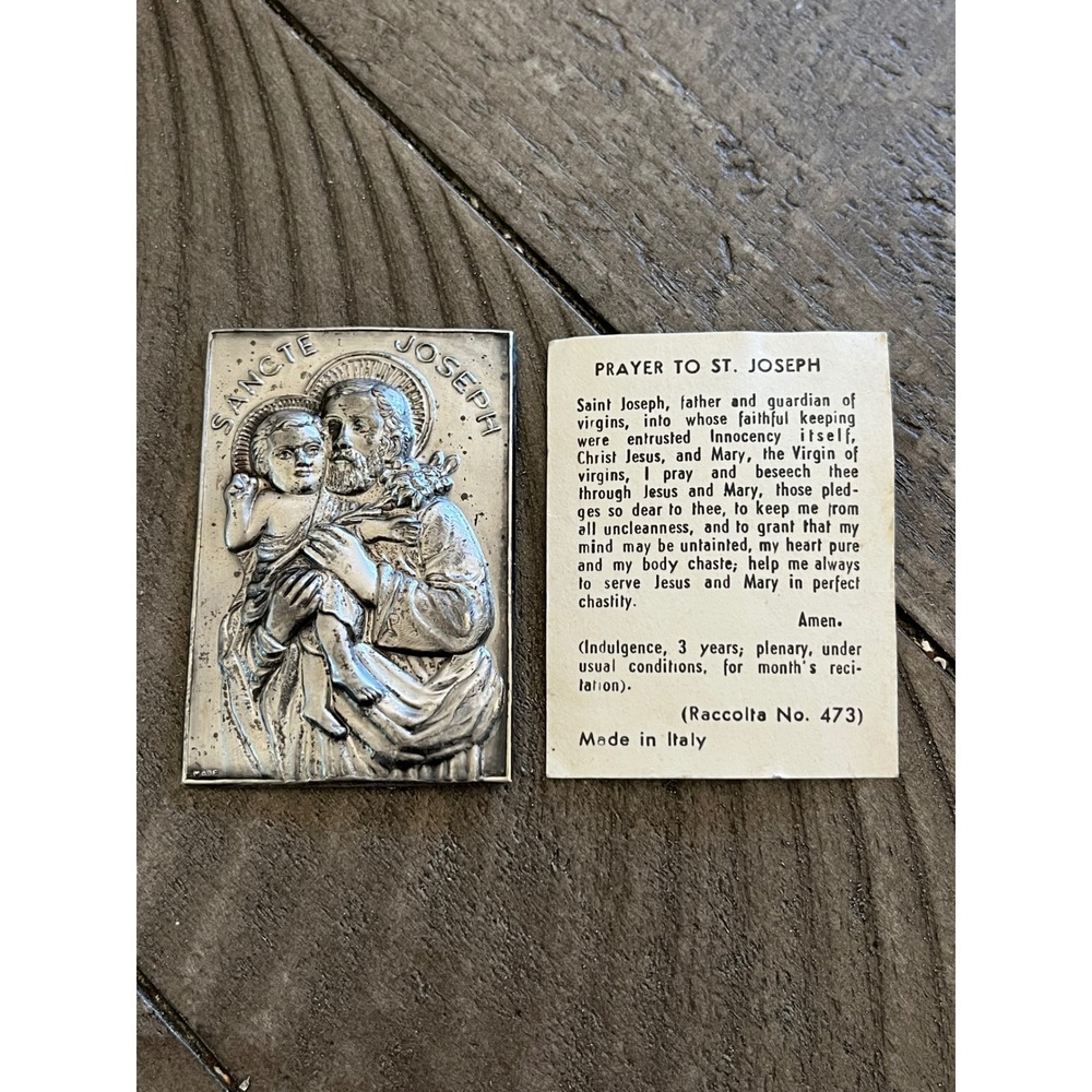 Veg St Joseph Silver Tone Plaque Icon with Prayer Card Made in Italy Catholic